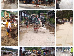 Sinergitas Kodim 0210/TU Bersama Polri dan Warga Gelar Karya Bhakti Penanggulangan Banjir di Kelurahan Pasar Sarulla.